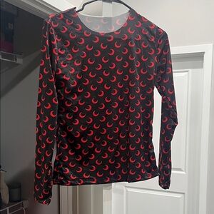 Women’s Black Long Sleeve Tee with Red Crescent Print
